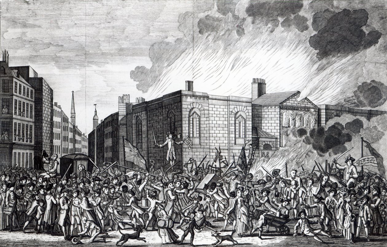 Een exacte weergave van de brand, plundering en vernietiging van Newgate door de relschoppers op de gedenkwaardige 7 juni 1780, gegraveerd door Henry Roberts, 1781 door Jefferyes Hammett O