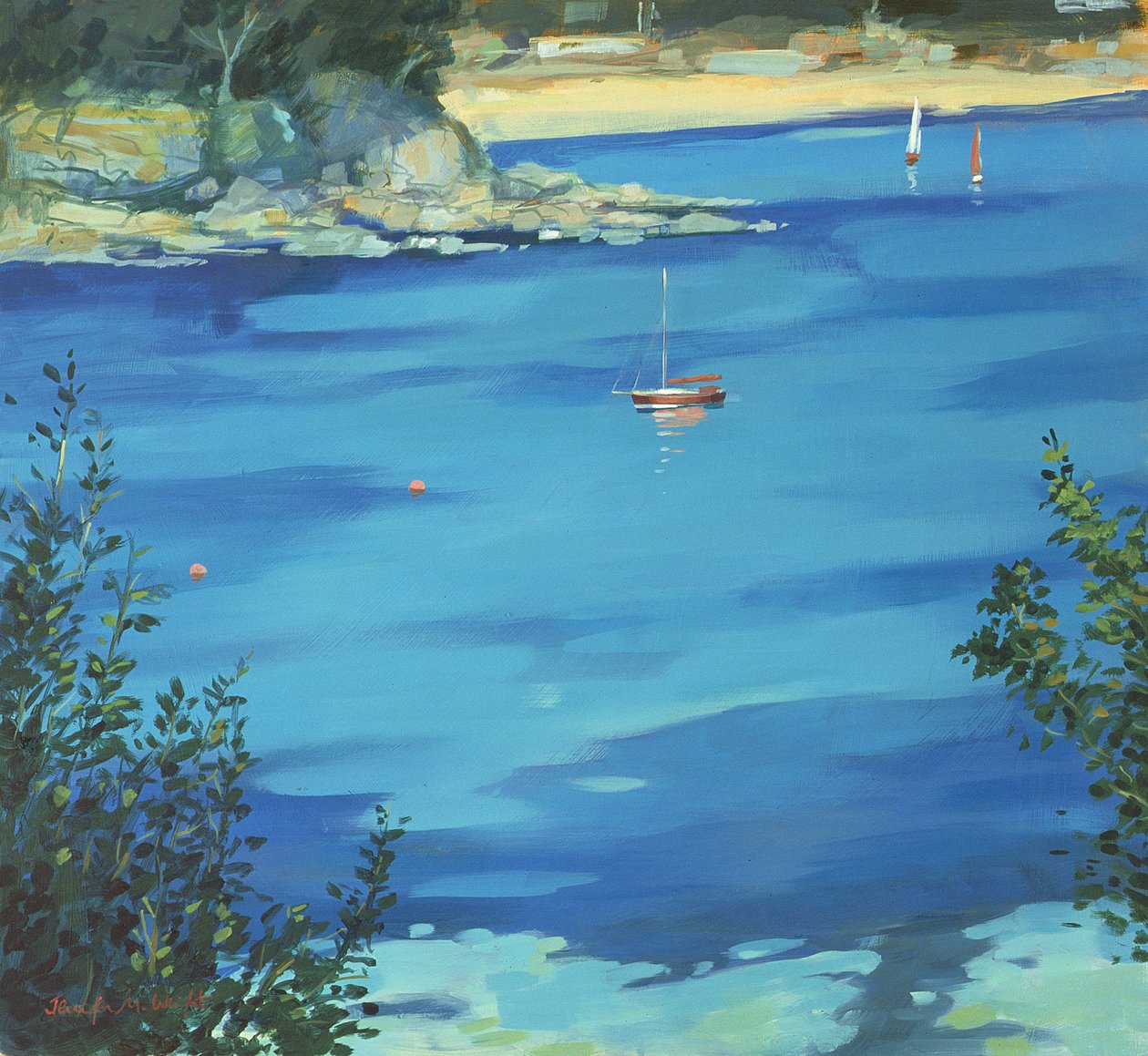 Salcombe, afgemeerde jacht, Southsands, 2000 door Jennifer Wright