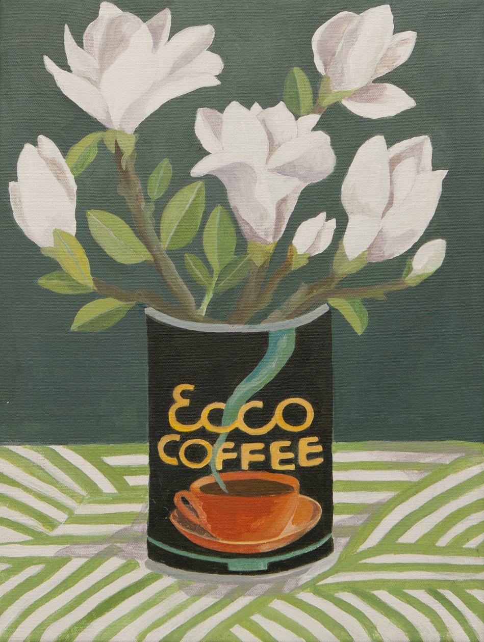 Witte magnolia in oude koffiekan (acryl) door Jennifer Abbott