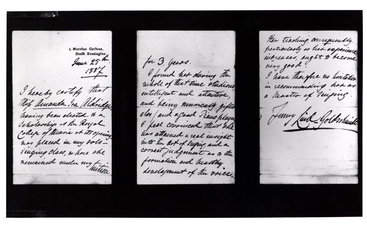 Ondertekende brief, 1887 door Jenny Lind