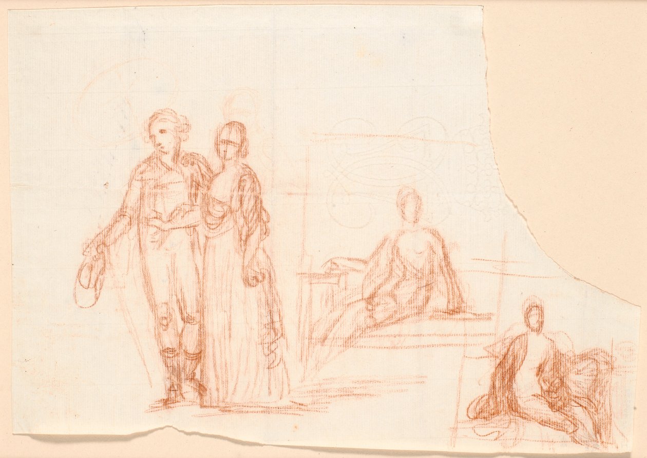 Compositie schets voor het Ryberg familieportret; rechts schets voor een zittende vrouwenfiguur door Jens Juel