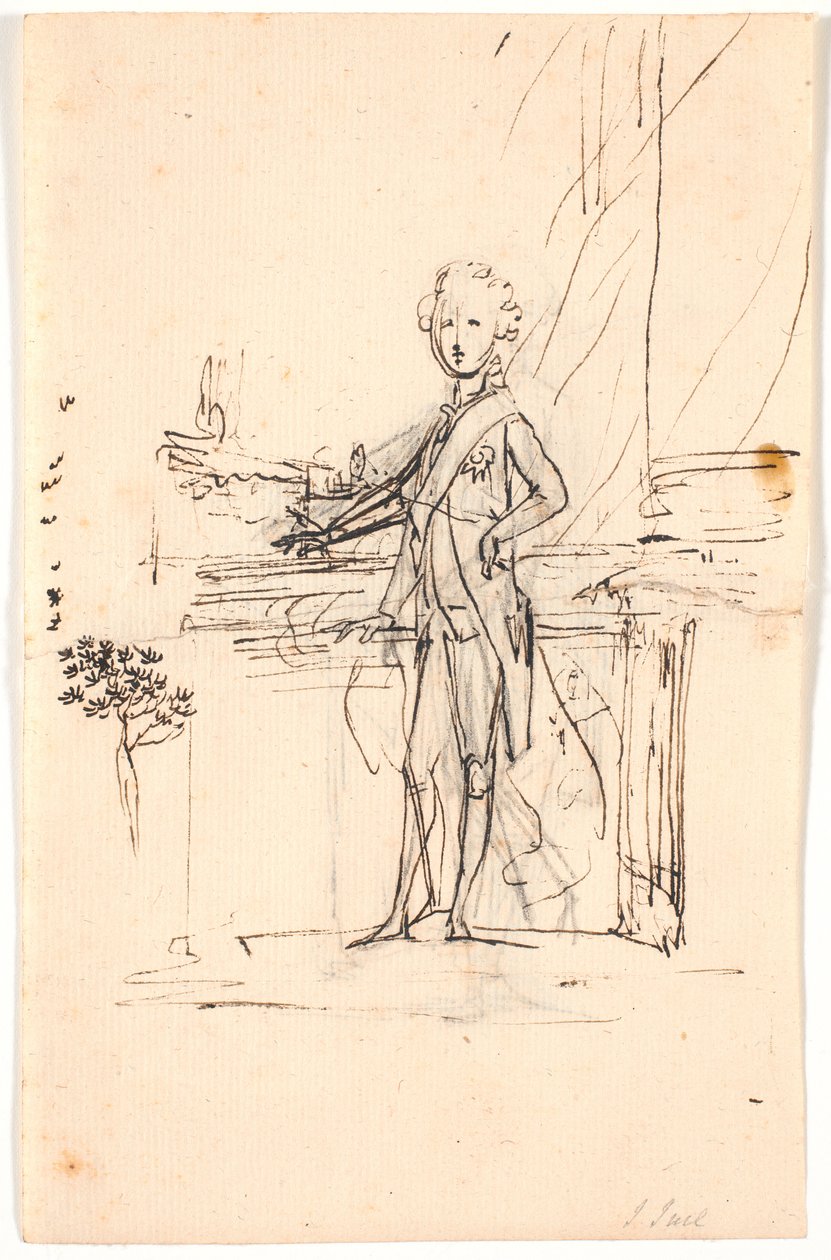 Compositieontwerp voor een portret in volle lengte van Frederik de zesde als jonge kroonprins. Staand bij een tafel, en face naar links door Jens Juel