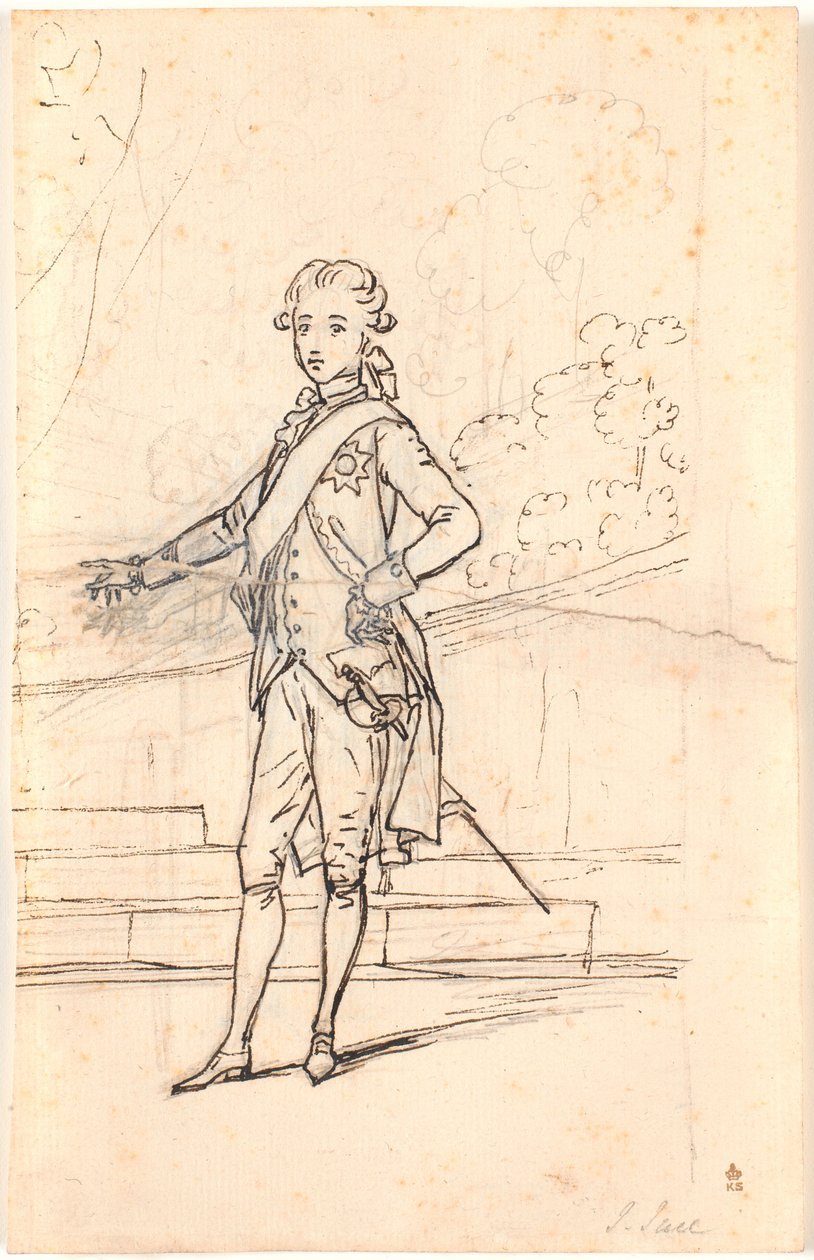 Compositieontwerp voor een portret in volledige figuur van Frederik de zesde als jonge kroonprins. Staand en face met rechterhand in de zij en linkerhand gesteund op een tafel door Jens Juel