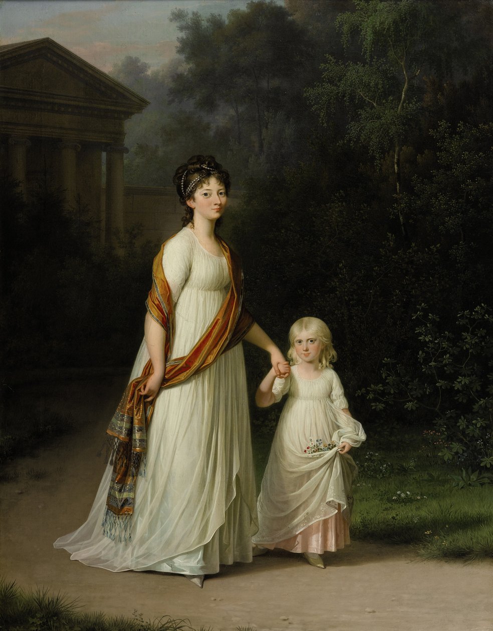 Kroonprinses Marie Sophie Frederikke met haar dochter prinses Caroline wandelen in een romantisch park door Jens Juel