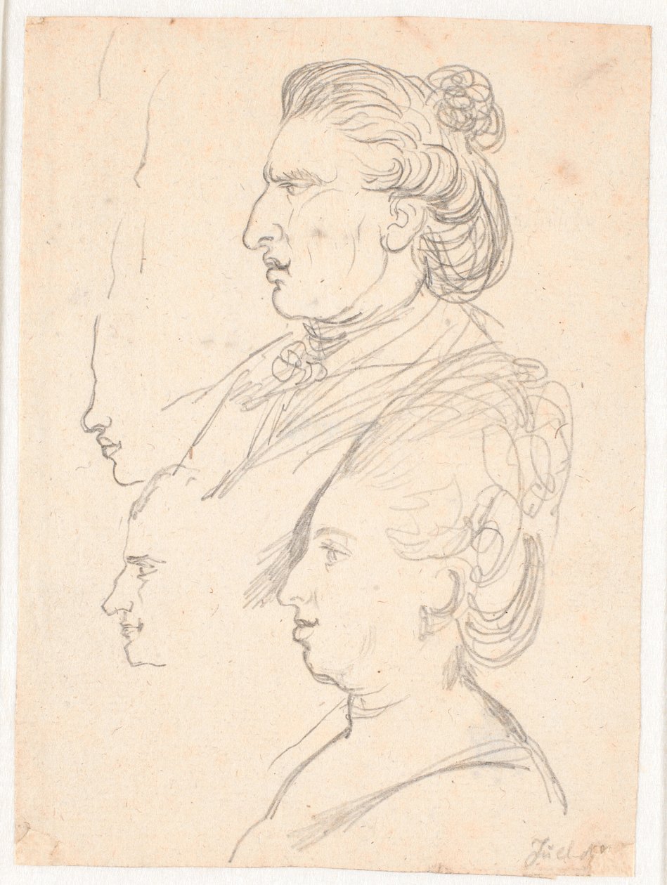 Profielportretten van koningin Caroline Mathilde, J.F. Struensee en Enevold Brandt, en een schets, mogelijk van Juel zelf. Allemaal in profiel naar links door Jens Juel