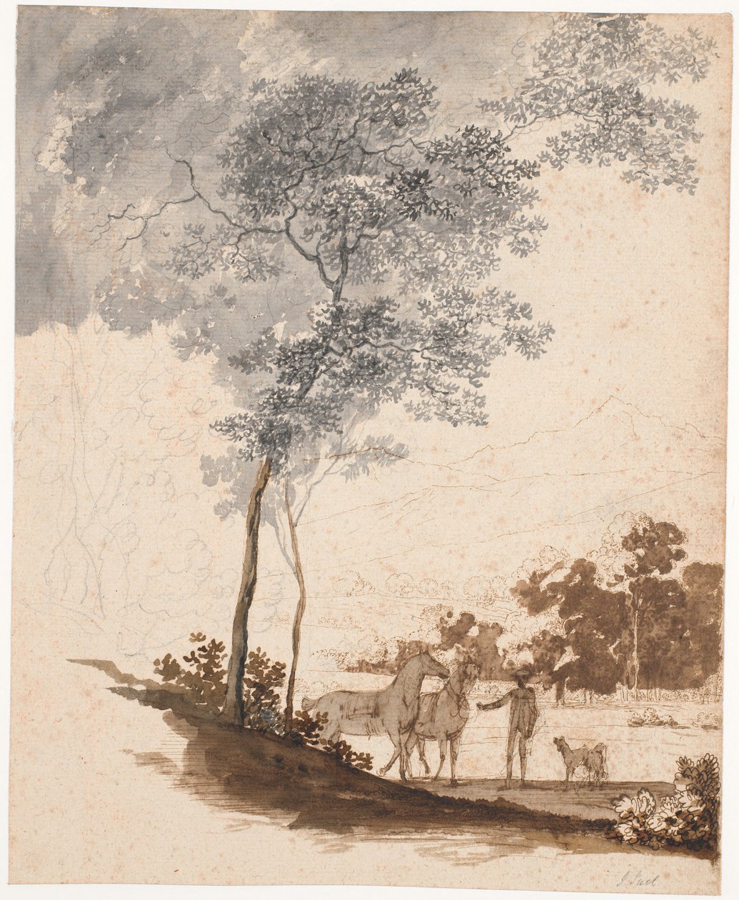 Zwitserlandschap met een ruiter die twee paarden en een paar honden vasthoudt; studie voor het portret van Jean-Armand Tronchin door Jens Juel