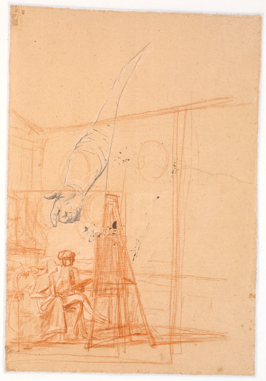 Studie van de rechterarm van een staande man en een compositieschets voor een dubbelportret van Juel en zijn vrouw bij de ezel door Jens Juel