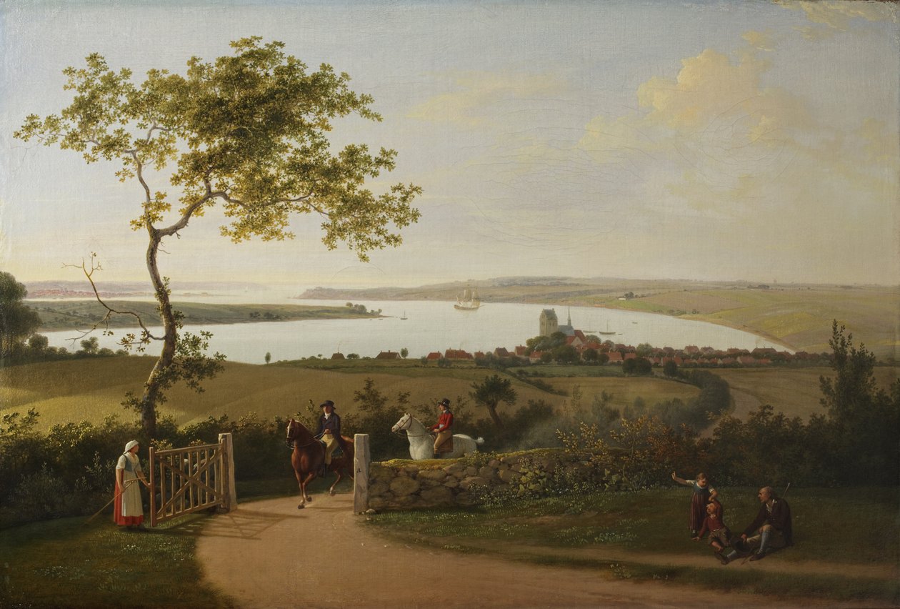 Uitzicht over de Kleine Belt (Lillebælt) vanaf een heuvel bij Middelfart door Jens Juel
