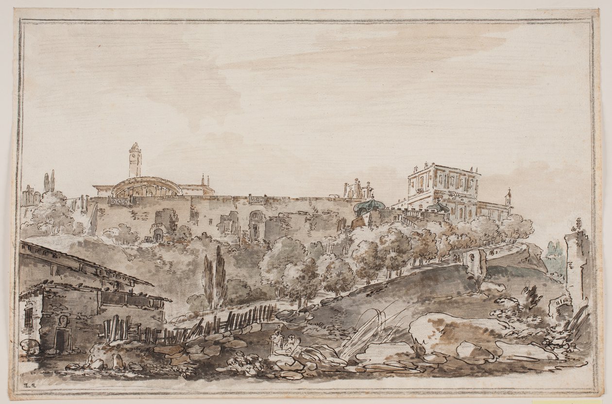 Stadsgezicht met paleis en kerk omgeven door muur door Jens Petersen Lund