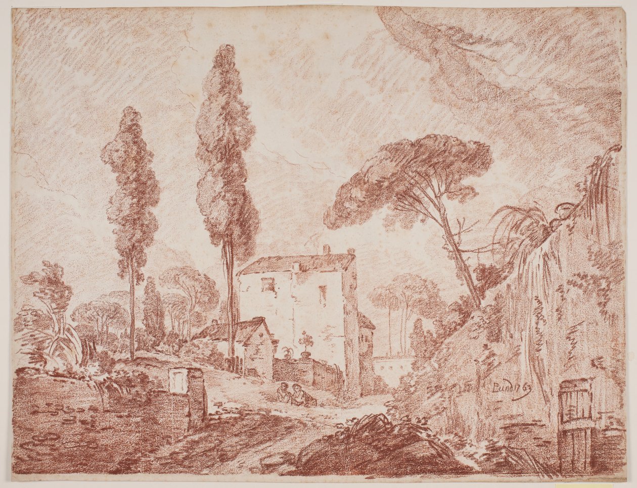 Italiaans fantasielandschap met bomen en huizen door Jens Petersen Lund