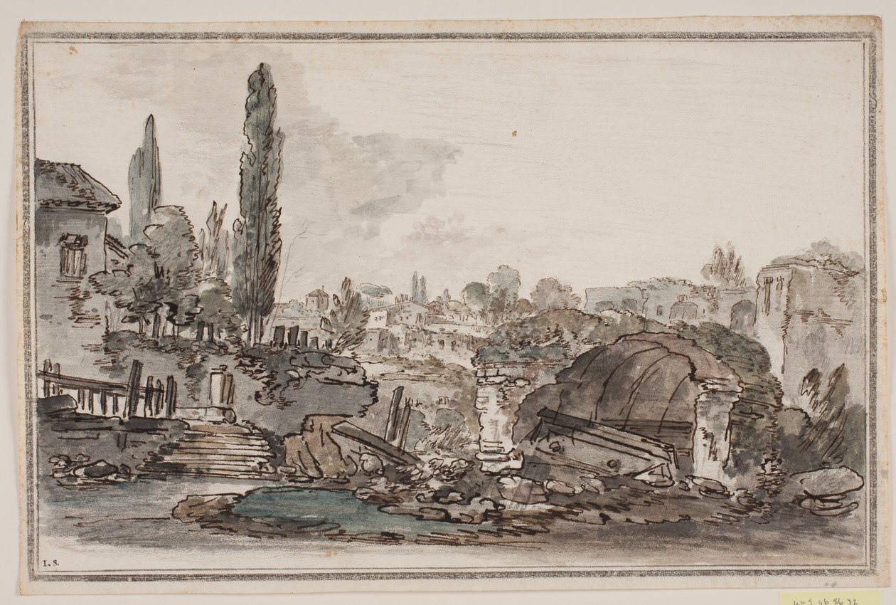 Prospekt met hoge bomen, gebouwen en ruïnes door Jens Petersen Lund