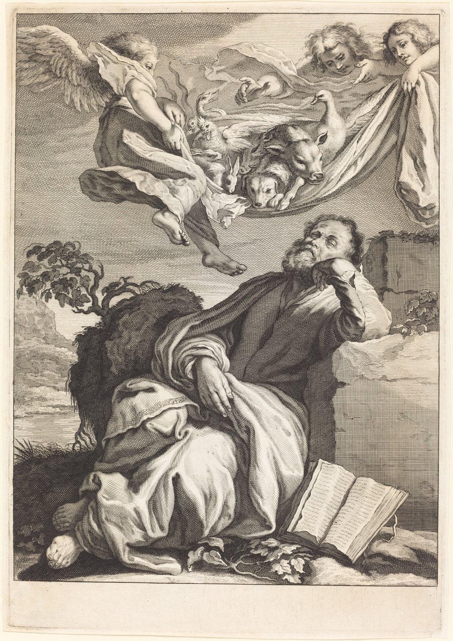 De droom van Sint Pieter door Jeremias Falck after Johann Liss