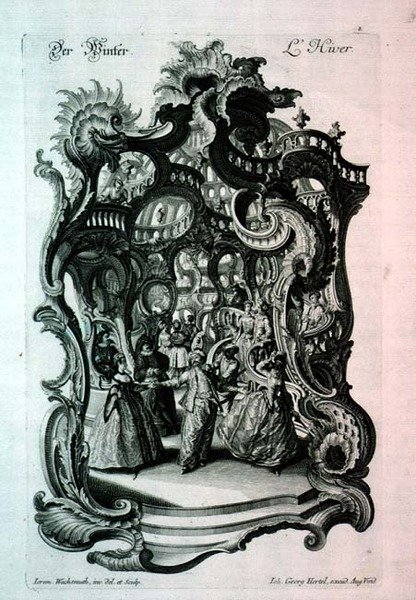 Winter, rococo bladmuziek met een gemaskerd bal, gepubliceerd door Johann Georg Hertel door Jeremias Wachsmuth