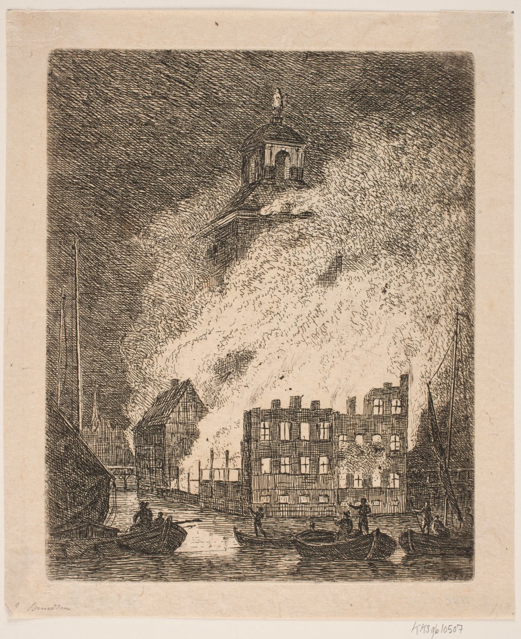 Brand in groot gebouw bij een rivier door Jes Bundsen
