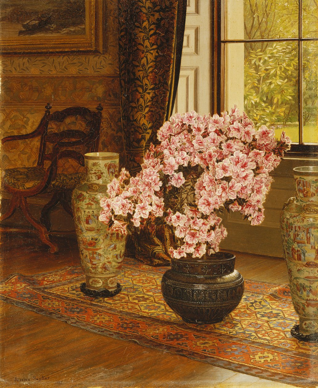 Azalea in een Japanse Kom, met Chinese Vazen op een Oosters Tapijt, in een Interieur door Jessica Hayllar