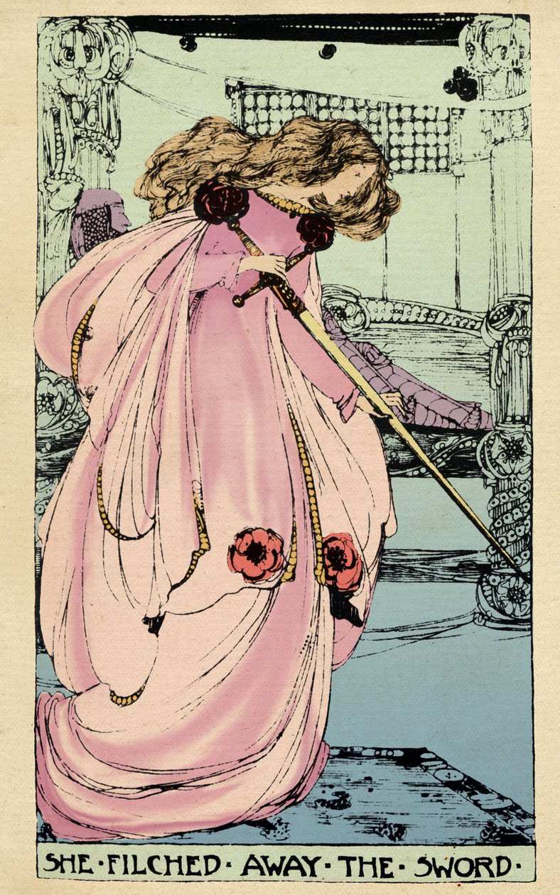 De fee Morgane steelt Excalibur voor haar minnaar om het tegen koning Arthur te gebruiken. Illustratie door Jessie Marion King voor het boek 