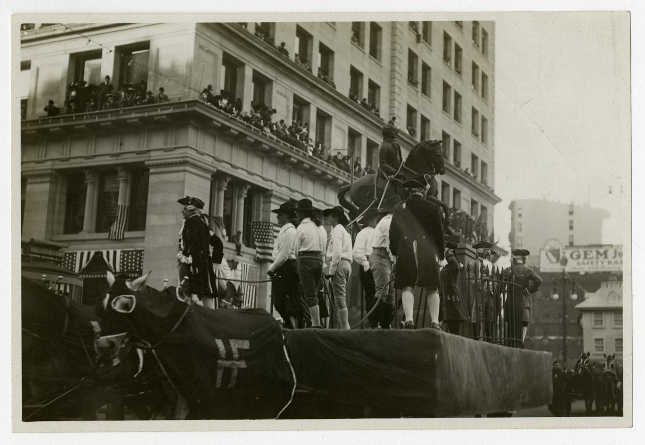 Historische parade float #31, Vernietiging van standbeeld van George III door Jessie Tarbox Beals