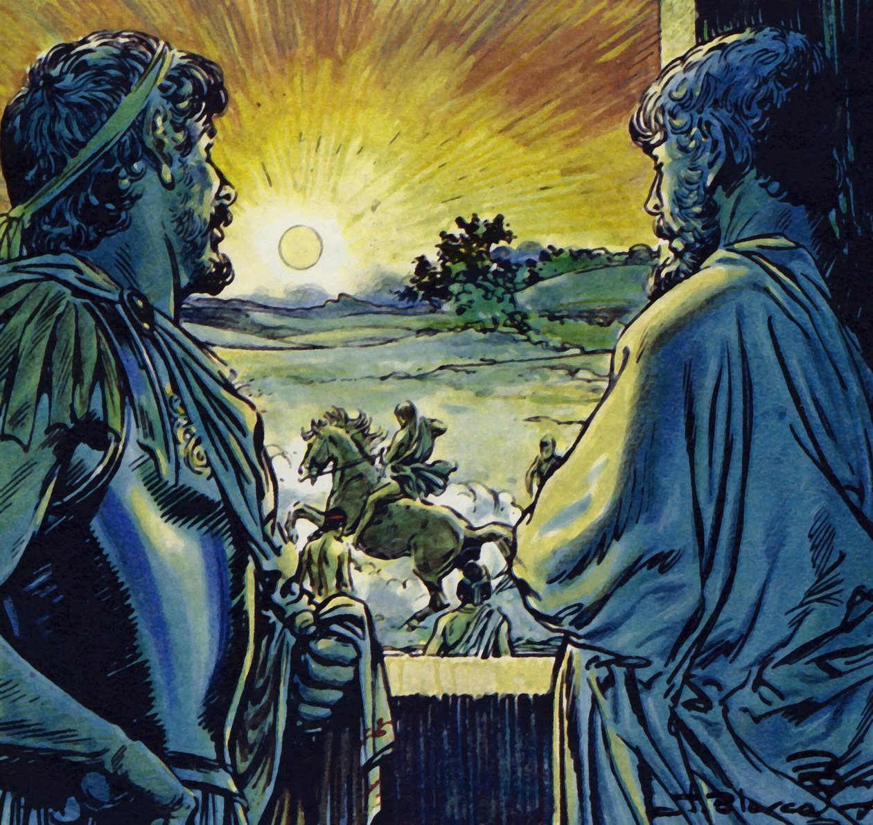 Alexander kon rijden op Bucephalus, een vurig ros (kleurenlitho) door Jesus Blasco