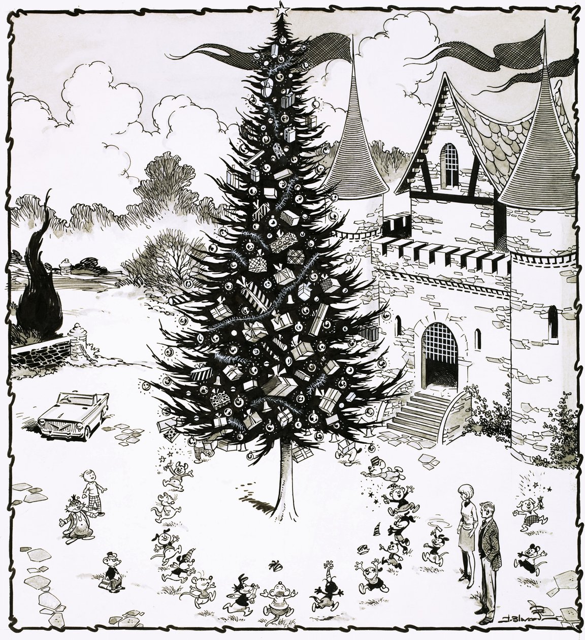 Kerstboom omringd door dansende dieren door Jesus Blasco