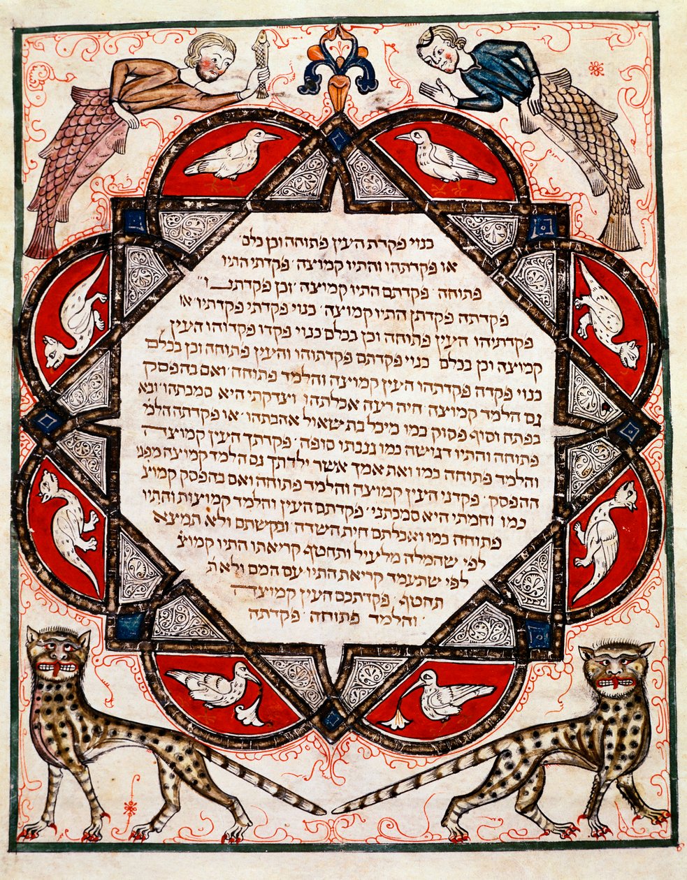 Verlichte pagina van de Bijbel Cervara geschreven in het Hebreeuws door Jewish School