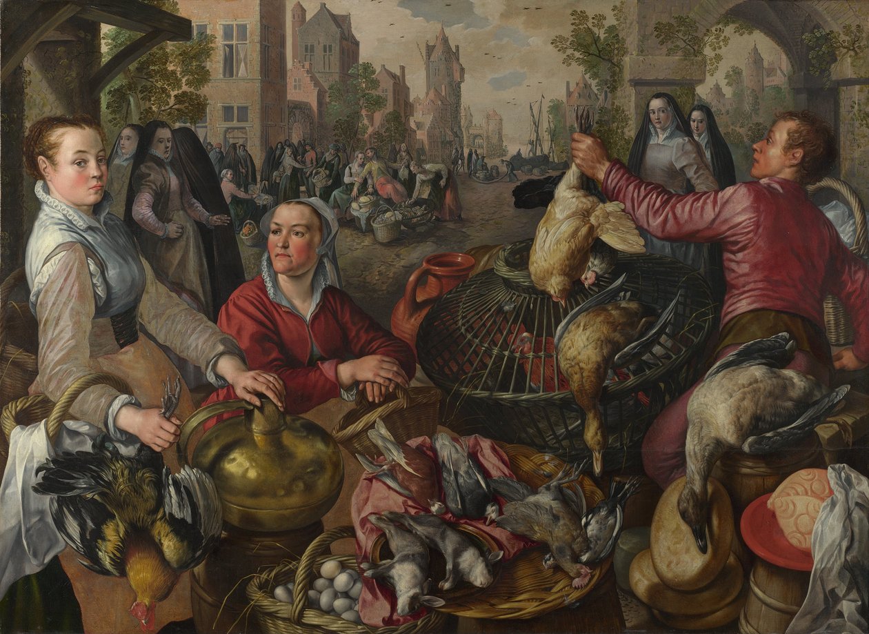 De Vier Elementen: Lucht. Een Pluimvee Markt met de Verloren Zoon op de Achtergrond, 1569 door Joachim Beuckelaer