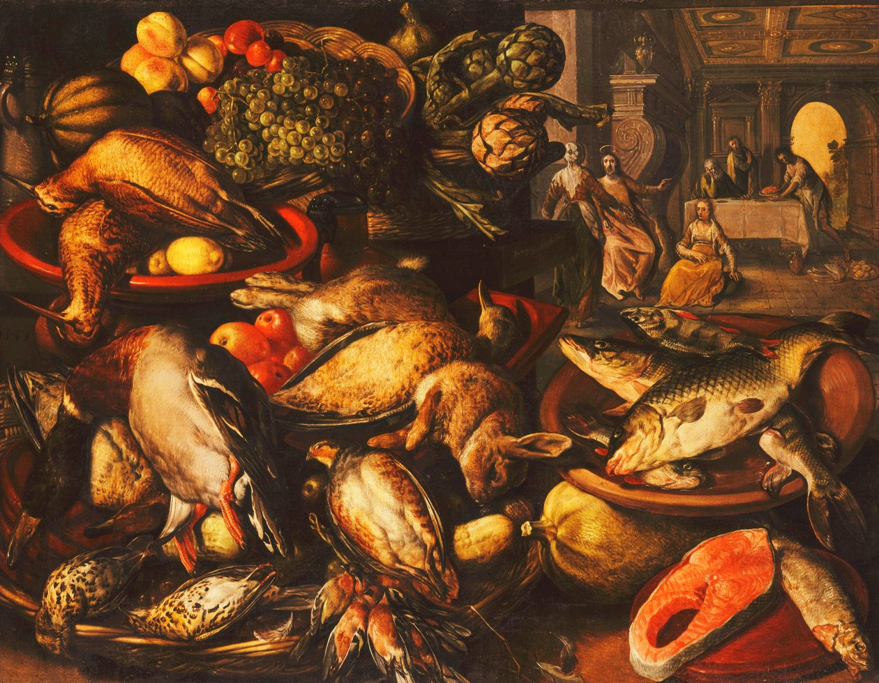 Wild, vis, fruit en groenten in manden en schalen in een voorraadkamer, 1569 door Joachim Beuckelaer