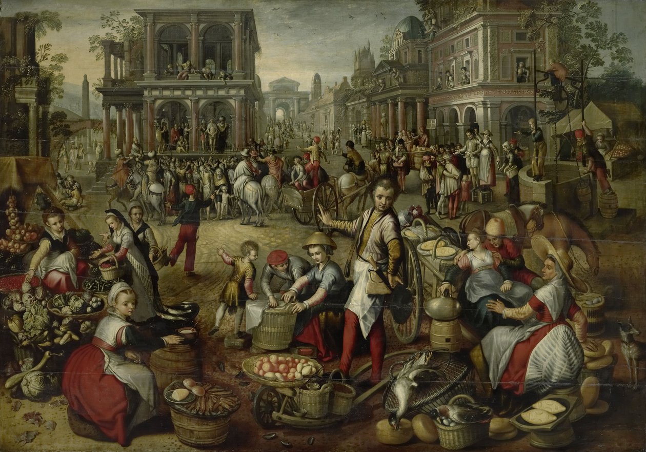 Marktplaats, met de geseling, de Ecce Homo en het dragen van het kruis op de achtergrond, 1550-90 door Joachim Beuckelaer