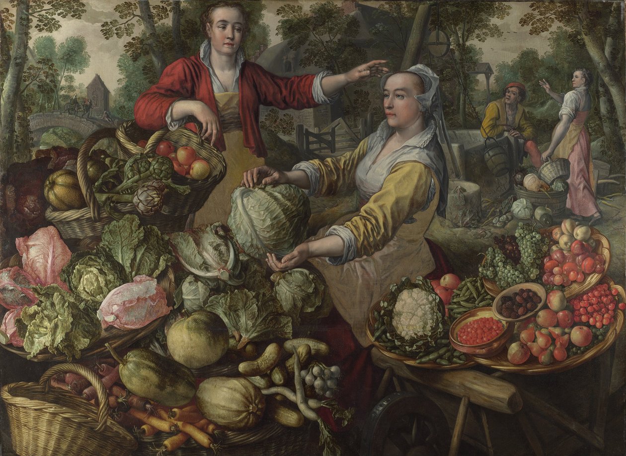 De Vier Elementen: Aarde. Een Fruit- en Groentemarkt met de Vlucht naar Egypte op de Achtergrond - door Beuckelaer (Bueckelaer), Joachim (1533-1574) - 1569 National Gallery, Londen door Joachim Beuckelaer