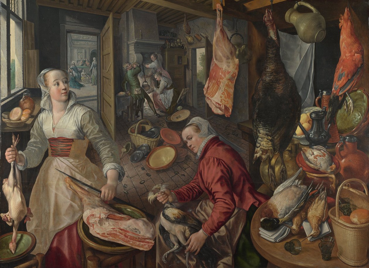 De Vier Elementen: Vuur. Een Keukenscène met Christus in het Huis van Martha en Maria op de Achtergrond - door Beuckelaer (Bueckelaer), Joachim (1533-1574) - 1569 National Gallery, Londen door Joachim Beuckelaer