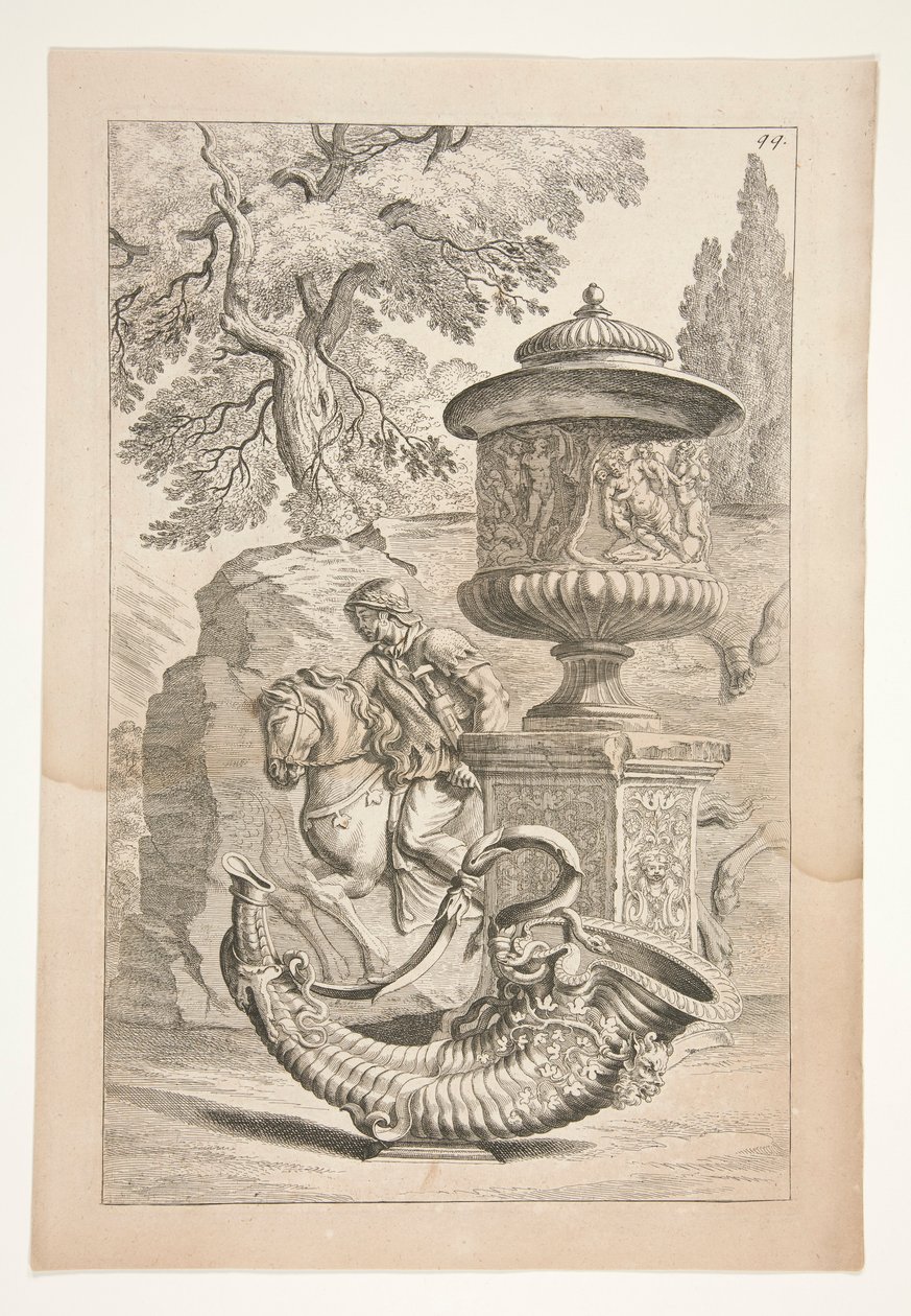 Een reliëf van krijgers, een bedekte vaas versierd met een Bacchisch reliëf, en een hoorn des overvloeds in een landschap door Joachim von Sandrart