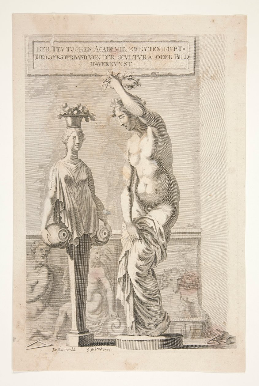 Een standbeeld en vrouwelijke herm met vazen en fruit door Joachim von Sandrart
