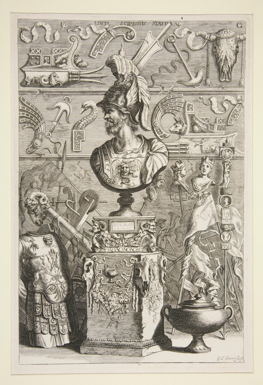 Een standbeeld van Lucius Sciopione, wapenrusting en andere antieke vaandels en fragmenten door Joachim von Sandrart