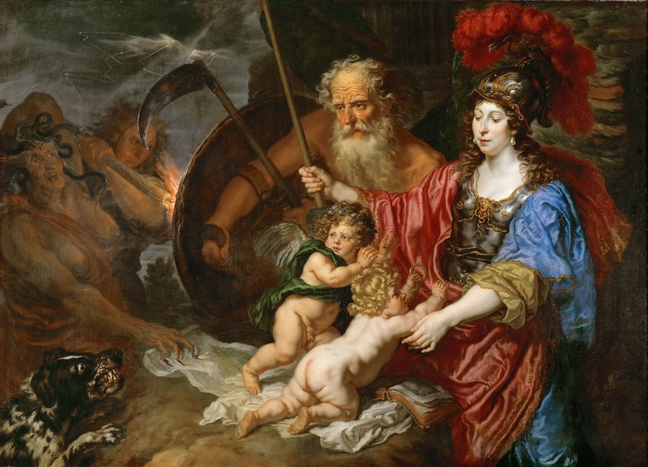 Barok: Minerva en Saturnus beschermen Kunst en Wetenschap tegen Afgunst en Valsheid door Sandrart, Joachim, von (1606-1688) door Joachim von Sandrart