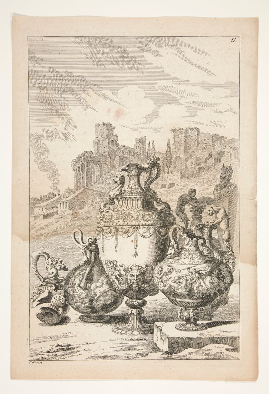 Vier vazen, een gebroken vaas, een gebroken kandelaar en een herm in een landschap met klassieke ruïnes door Joachim von Sandrart