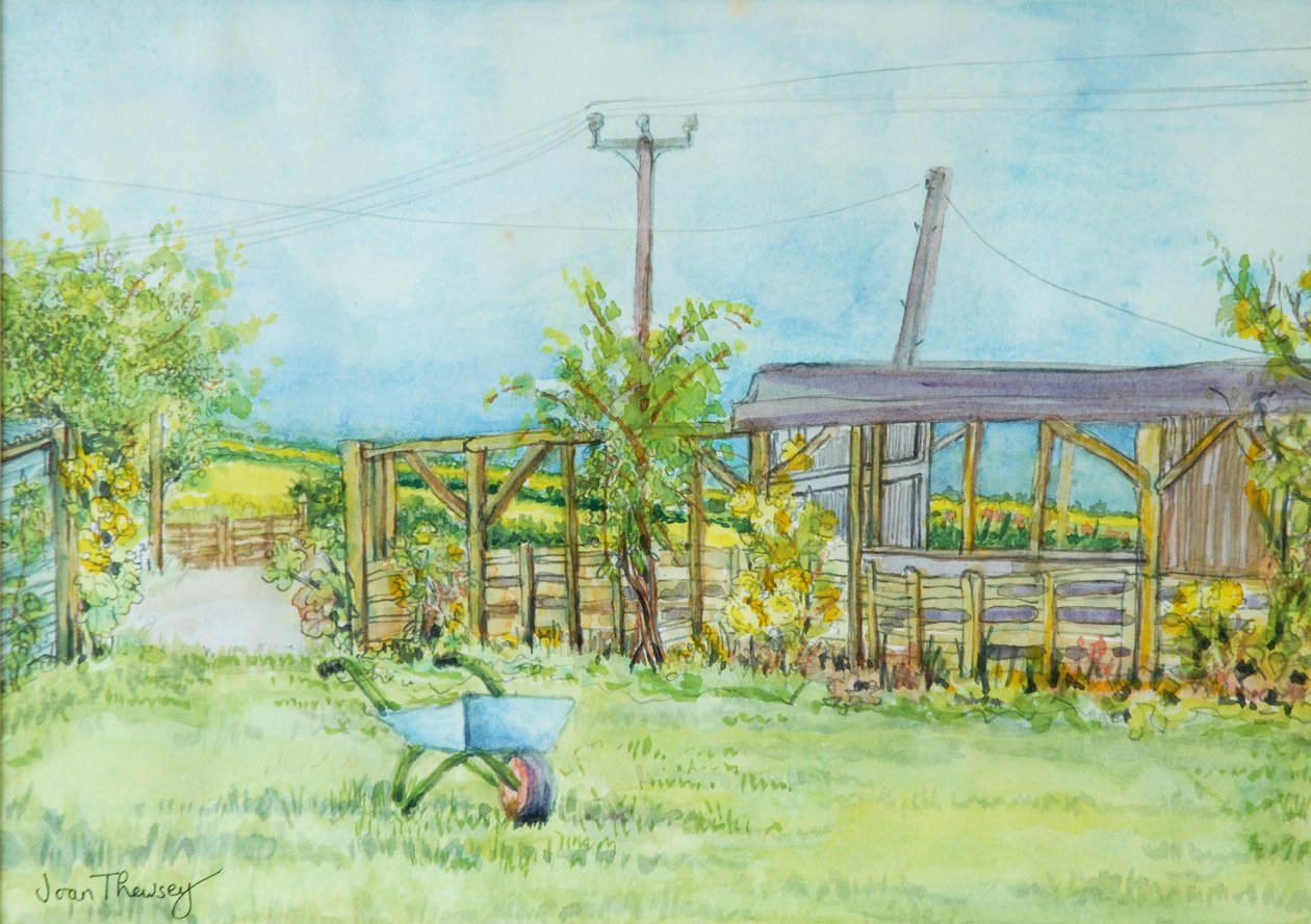 Cottage tuin met kruiwagen, 2011 door Joan Thewsey
