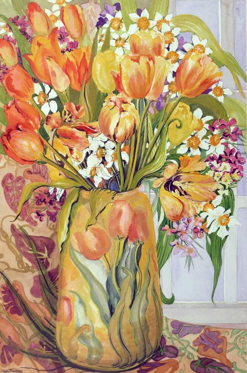 Tulpen en narcissen in een Art Nouveau vaas door Joan Thewsey