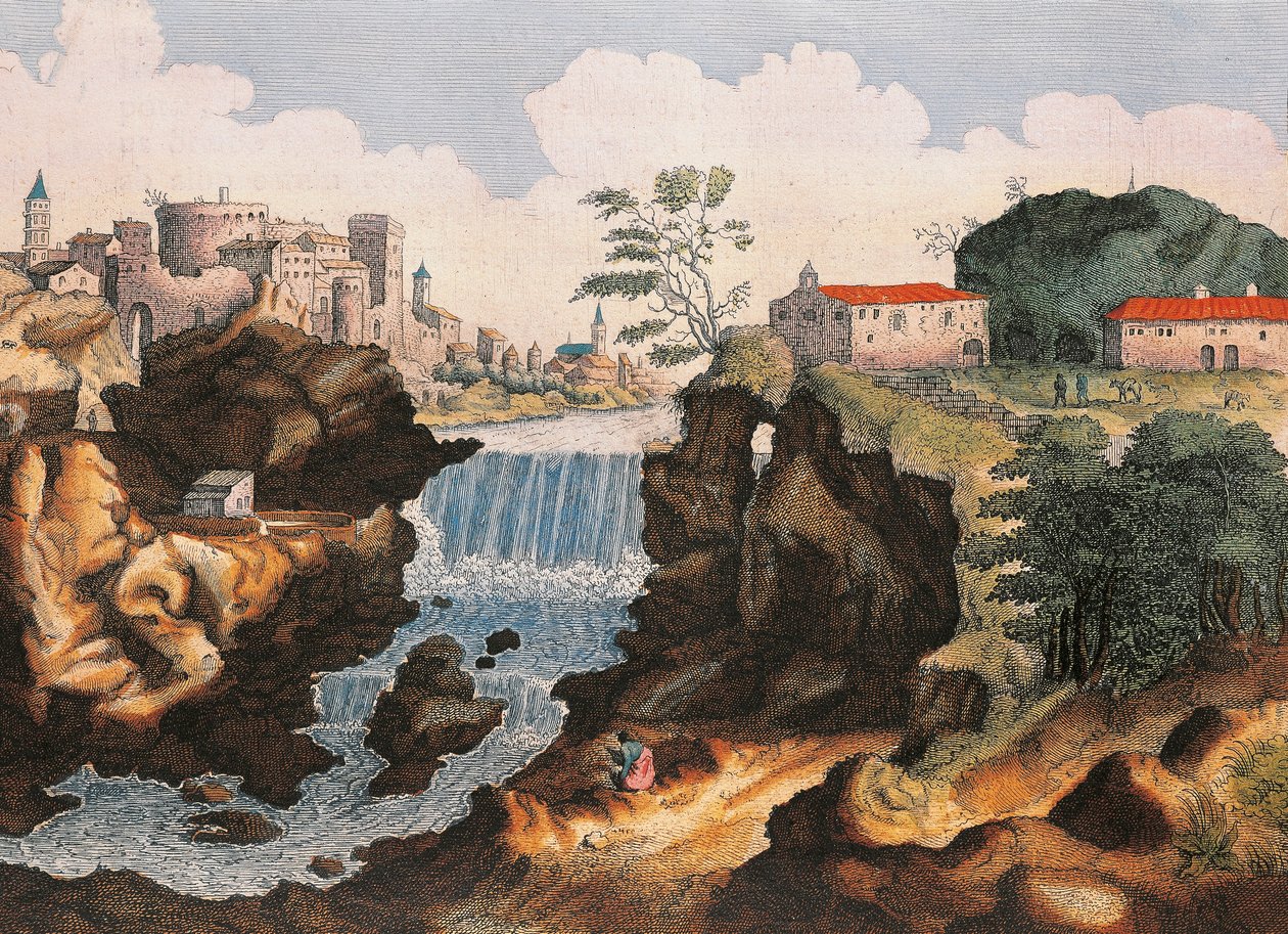 Aniene waterval in Tivoli (Rome), uit Civitatis Admirandorum Italiae, door Joan Blaeu door Joan Blaeu