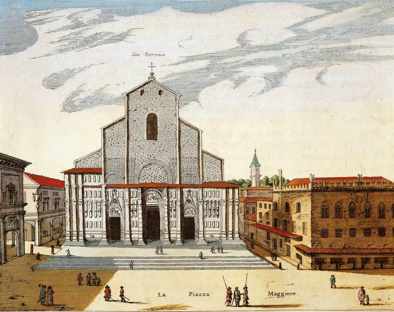 Italië, Bologna, San Petronio Kathedraal in Venetië, prent door Joan Blaeu