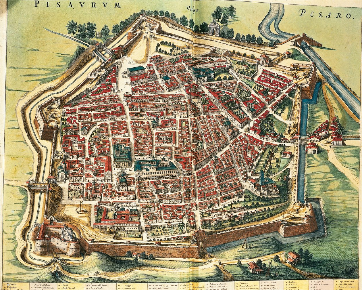 Italië, kaart van Pesaro, uit Theatrum civitatum et admirandorum Italiae door Joan Blaeu, gravure door Joan Blaeu