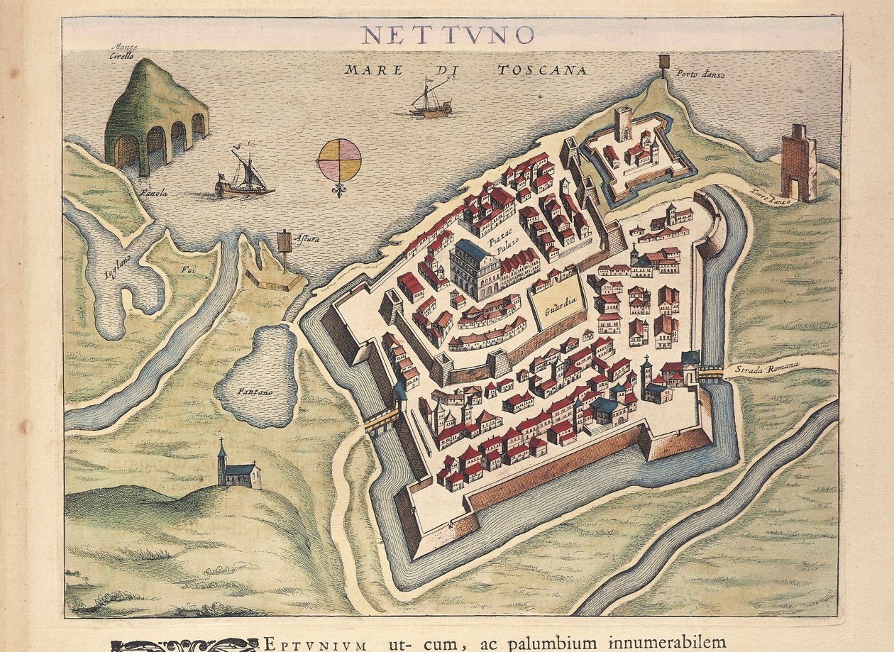 Kaart van Nettuno, uit Theatrum civitatum et admirandorum Italiae, door Joan Blaeu, gravure door Joan Blaeu