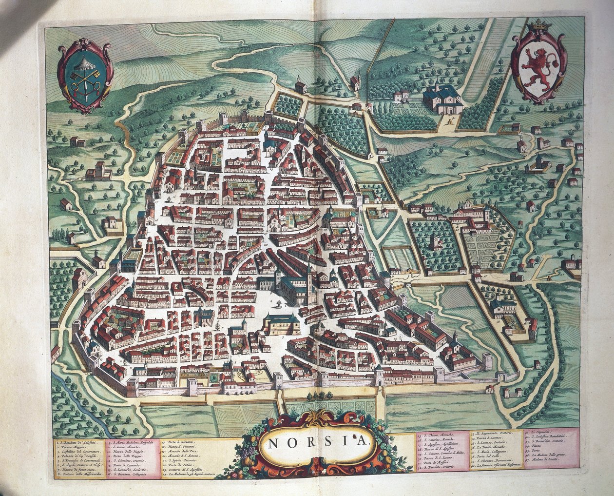 Kaart van Norcia uit Theatrum civitatum et admirandorum Italiae, gravure door Joan Blaeu