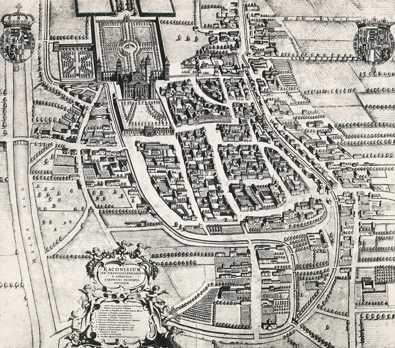 Kaart van Racconigi, gravure door Joan Blaeu (1596-1673), Italië door Joan Blaeu