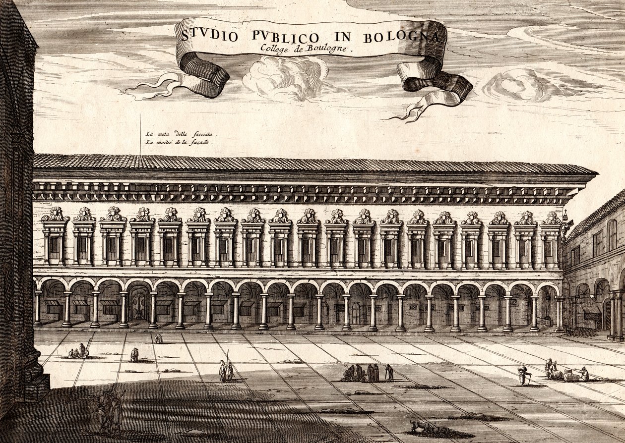 Het Archiginnasio Paleis, Bologna, Emilia-Romagna, Italië, kopergravure door Joan Blaeu