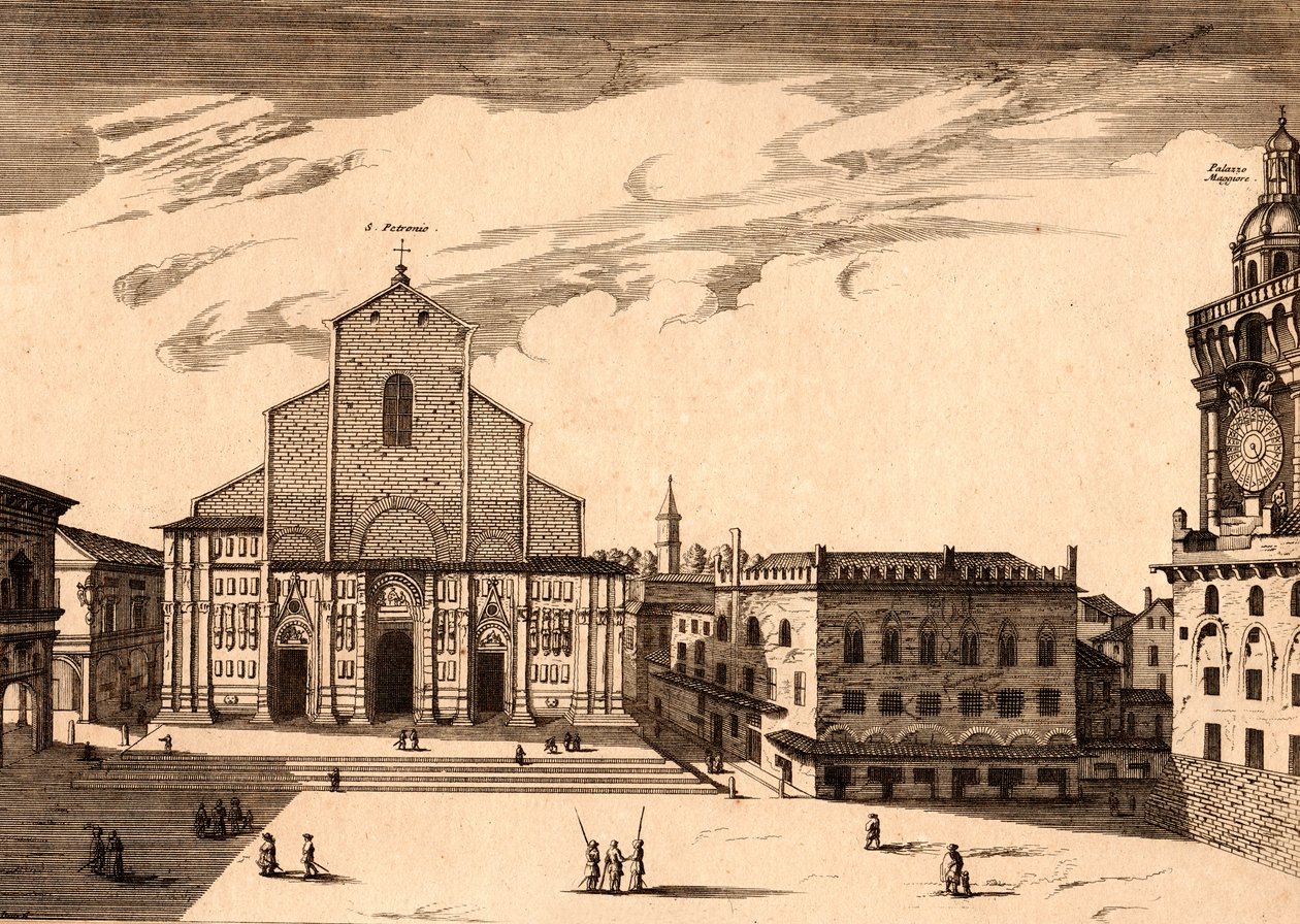 De San Petronio Basiliek op Piazza Maggiore, Bologna, Emilia-Romagna, Italië, kopergravure door Joan Blaeu