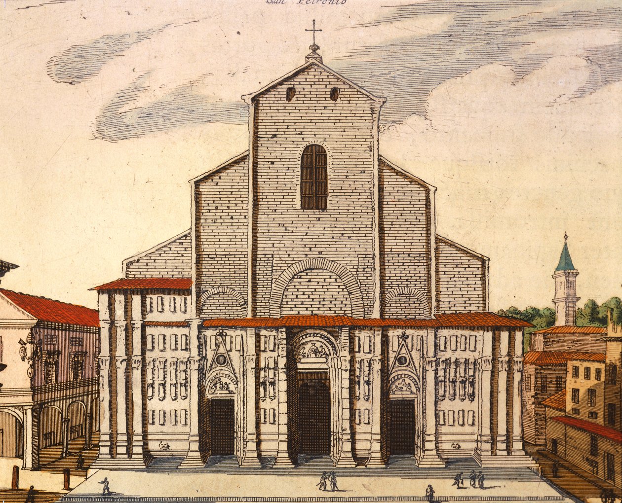 De basiliek van San Petronio in Bologna, prent uit Theatrum Civitatum et Admirandorum Italiae, Italië door Joan Blaeu