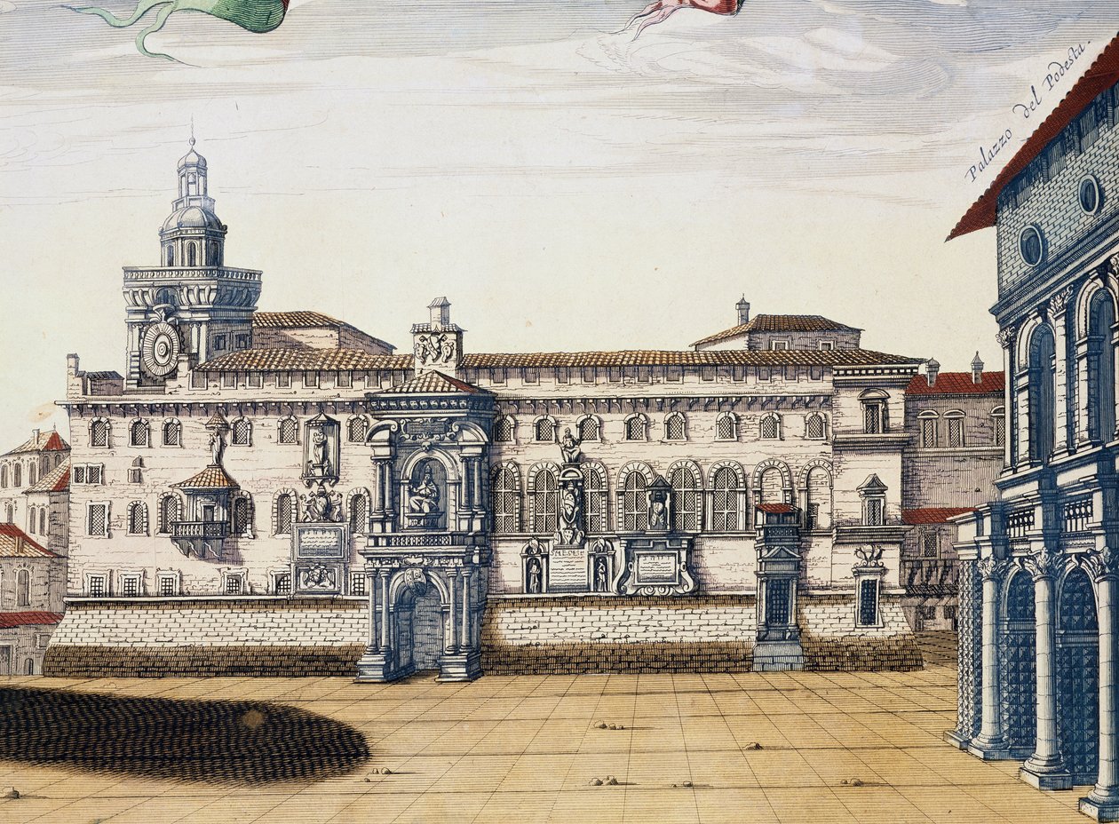 Zicht op het oude plein in Bologna, gravure door Giacomo Lauro en Joan Blaeu uit Theatrum civitatum et admirandorum Italiae, gepubliceerd in Amsterdam in 1663 door Joan Blaeu