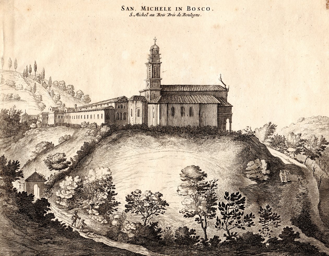 Uitzicht op het San Michele in Bosco Klooster, Bologna, Emilia-Romagna, Italië, kopergravure, ca. 21x29 cm door Joan Blaeu