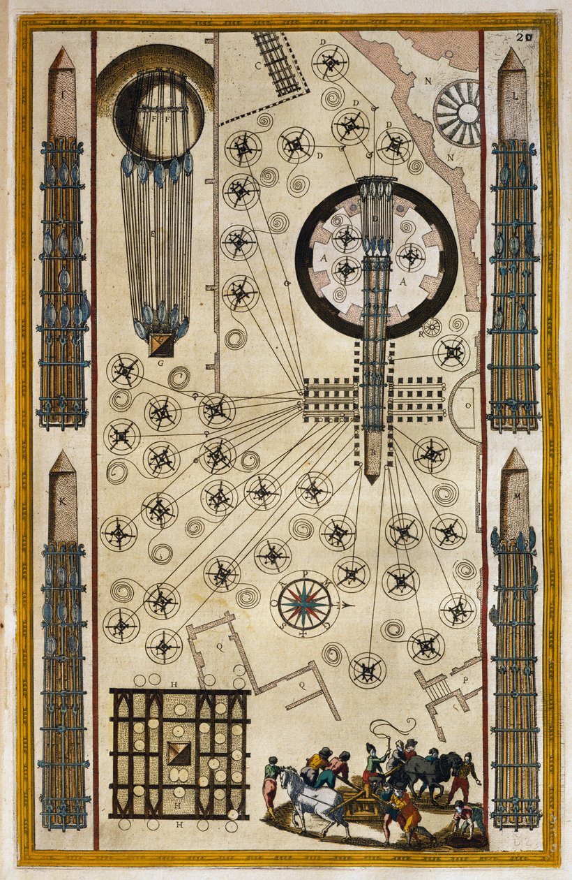 Lieren voor het verplaatsen van obelisk, gravure uit Theatrum civitatum et admirandorum Italiae, door Joan Baleu (1596-1673) door Joan Blaeu