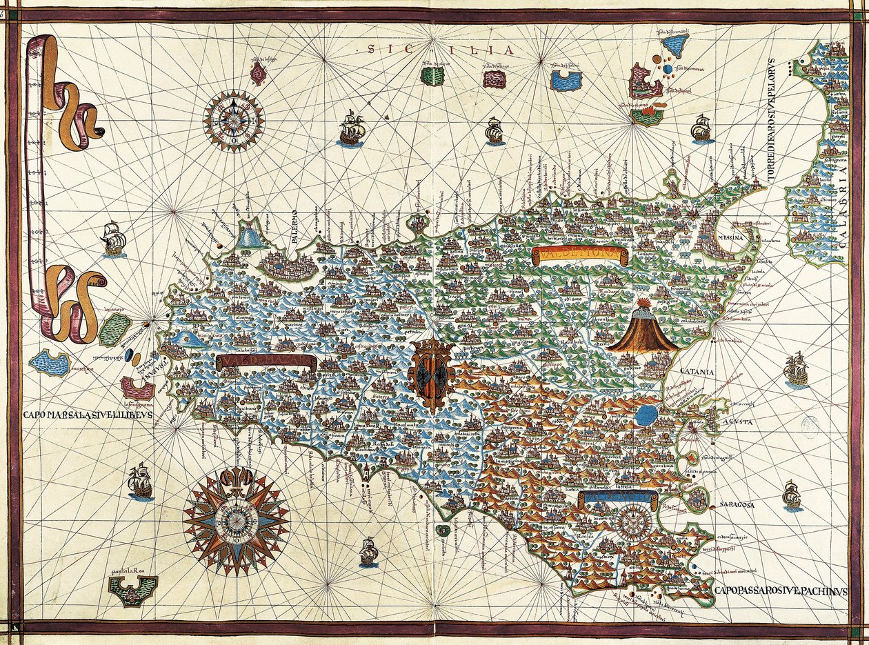 Eiland Sicilië. (Sicilia) Navigatiekaart van Joan Martines (1556-1591) door Joan Martines