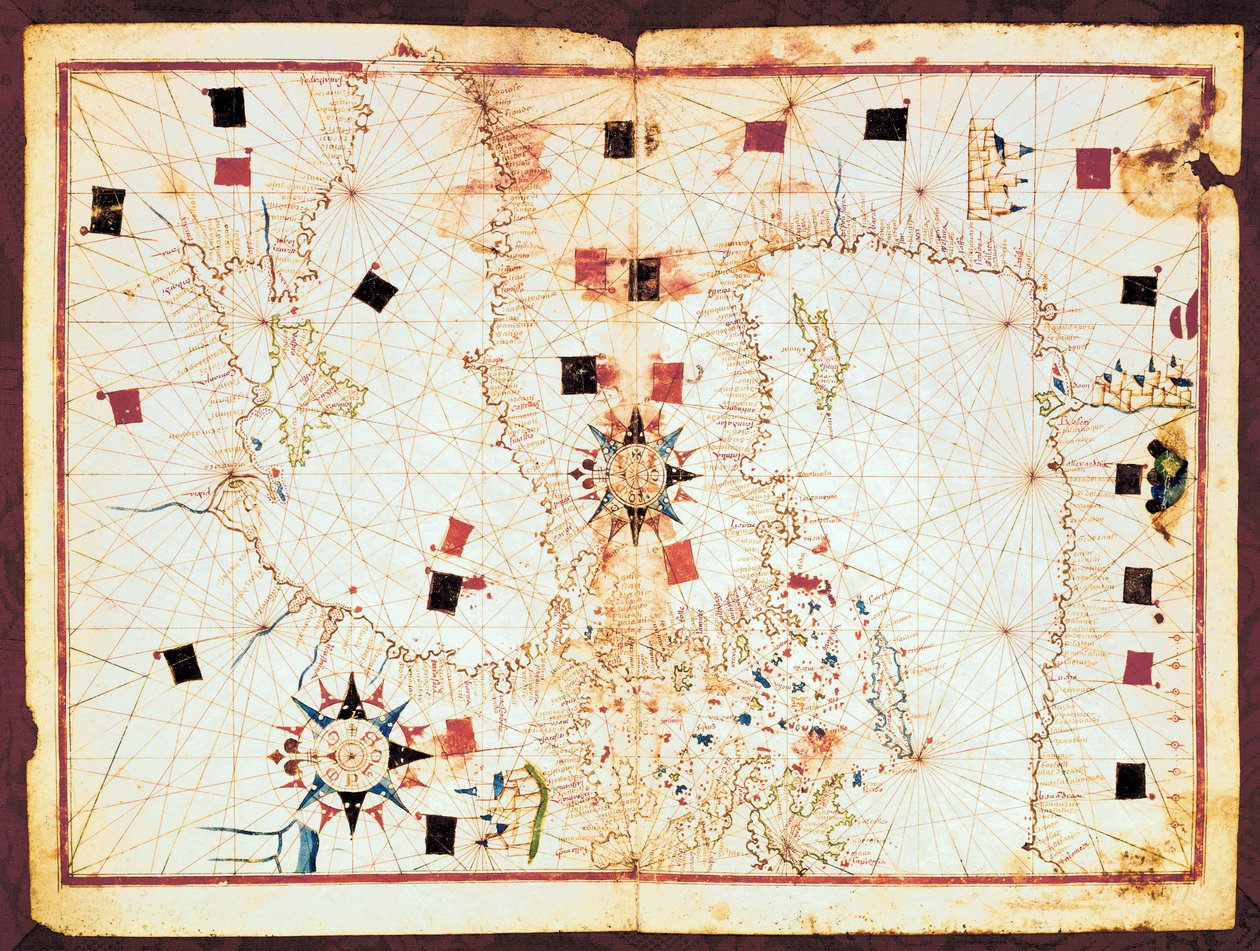 Kaart van het oostelijke deel van de Middellandse Zee en de Zwarte Zee, manuscript van een 16e-eeuwse portolaanatlas (manuscript) door Joan Martines